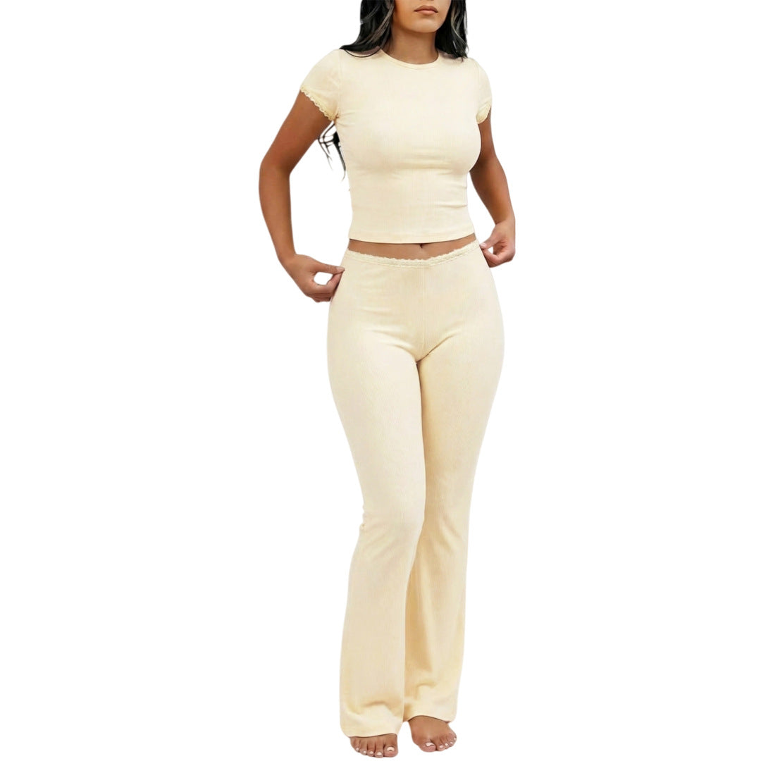 Conjunto de dos piezas de color liso con camiseta de manga corta y pantalón largo para mujer