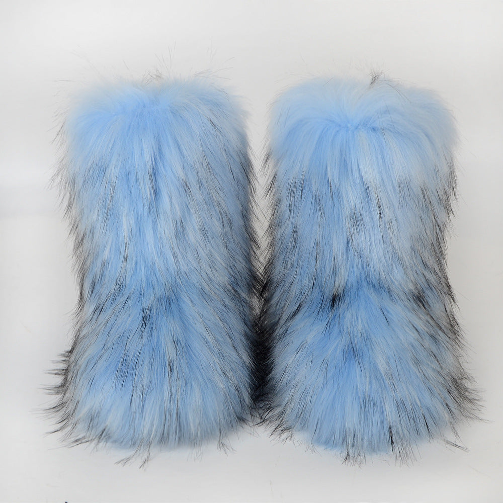 Botas de nieve de invierno con imitación de piel de mapache integrada para mujer, zapatos mullidos, botas de media caña para exteriores