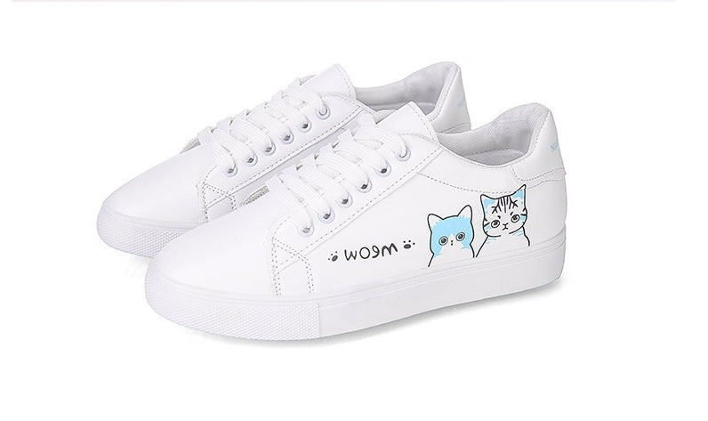 Printed casual shoes women's pu shoes cute cat new fashion lace women's white sports shoes women's casual shoes
