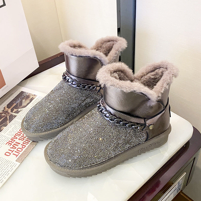 Botas de nieve gruesas de piel y terciopelo para mujer