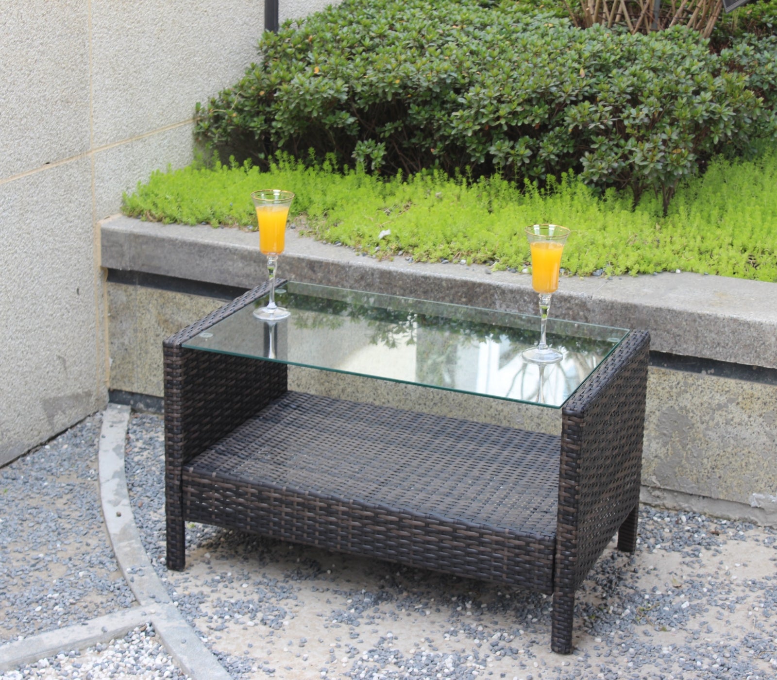 Mesa de centro para muebles de patio al aire libre con vidrio templado transparente