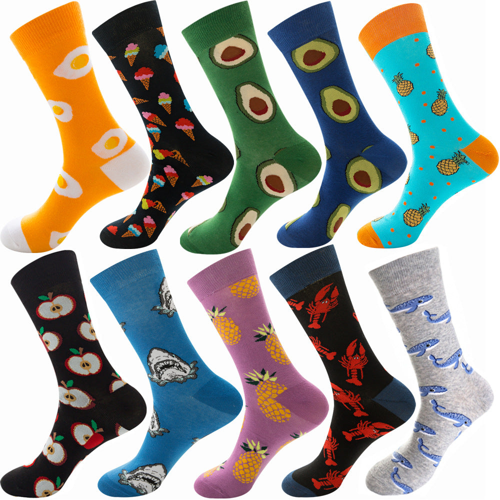 Calcetines de otoño para hombre con estampado de rombos y temática navideña de animales y frutas.