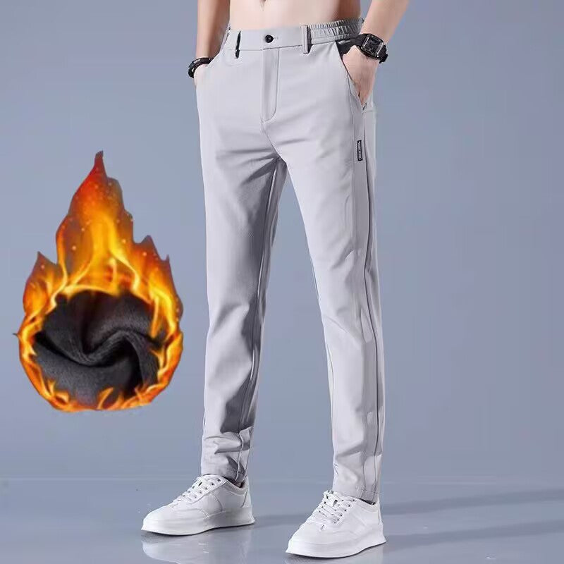 Pantalones casuales de seda de hielo para hombre, con cintura elástica y forro polar, para otoño