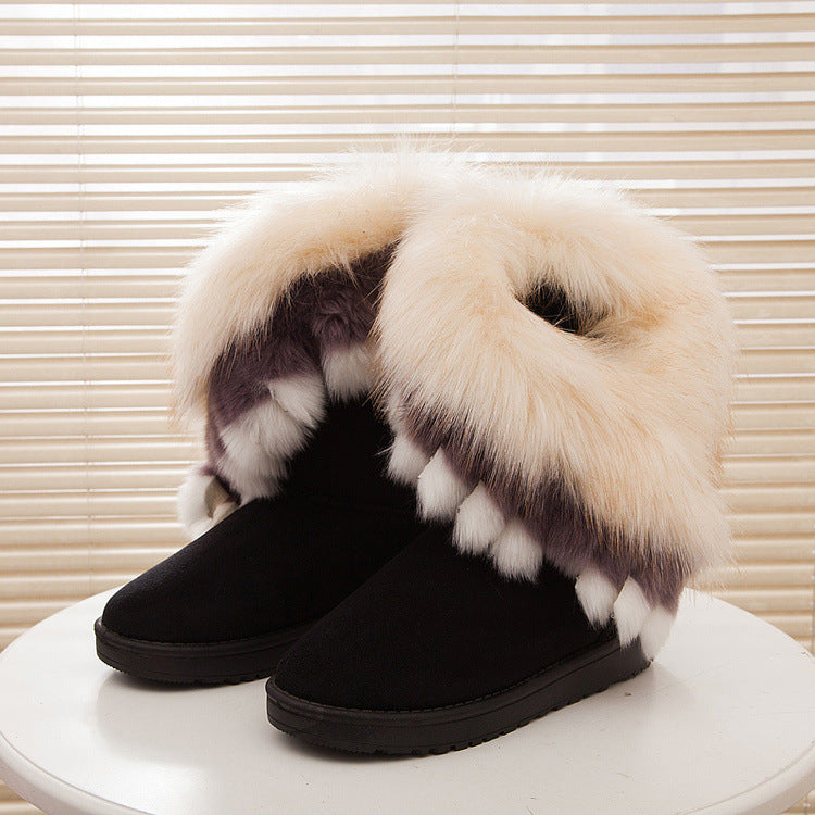 Botas de nieve de piel de zorro de gran tamaño con suela gruesa y antideslizantes, con borlas de piel de conejo, para mujer