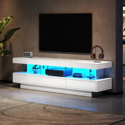 Mueble de TV de alto brillo con luces LED, 160 cm, 3 cajones, 3 espacios de almacenamiento abiertos, para dormitorio, sala de estar, muebles para el hogar.