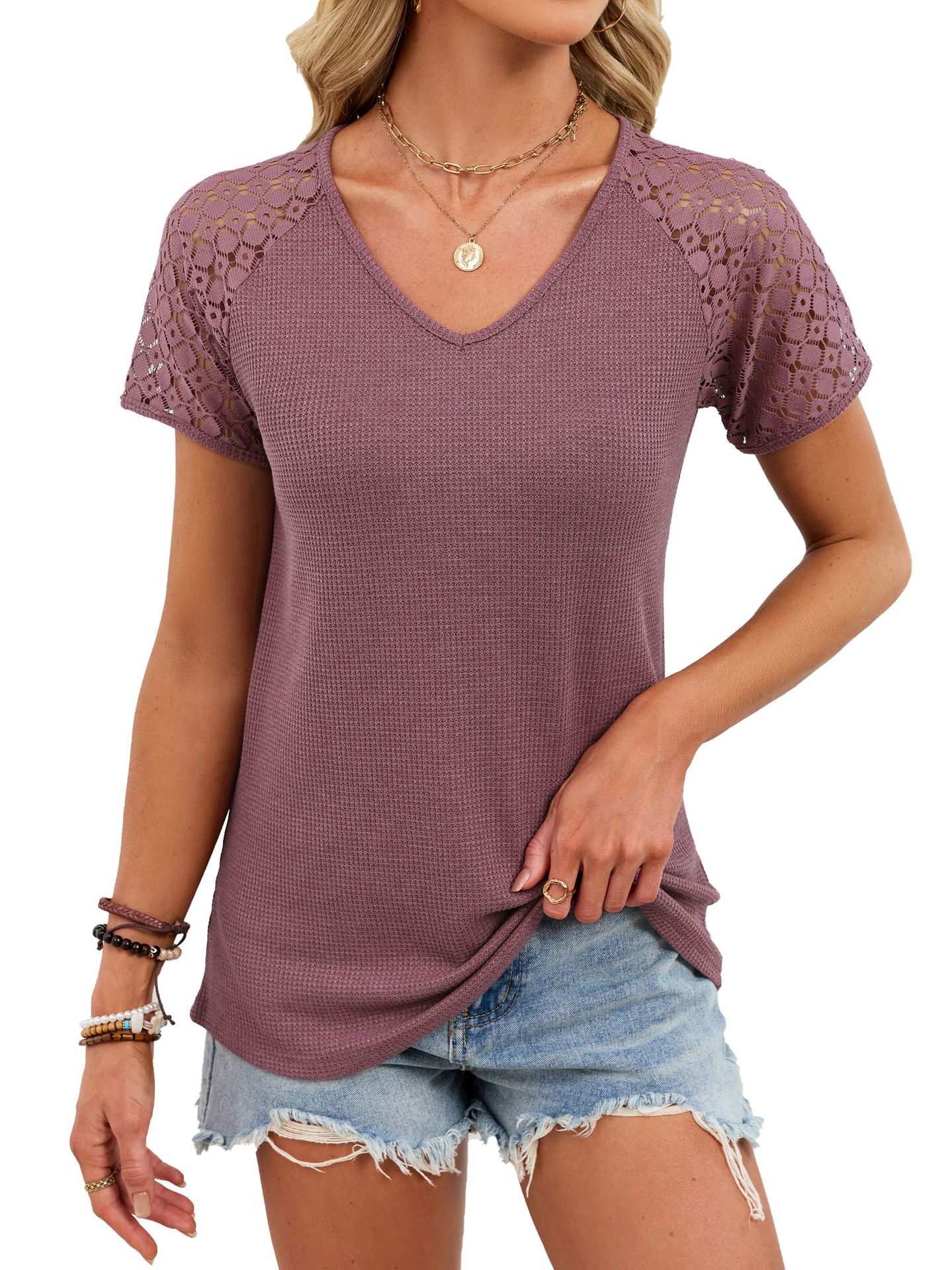 Camiseta informal Grace de punto gofre con cuello en V y mangas de panel para mujer