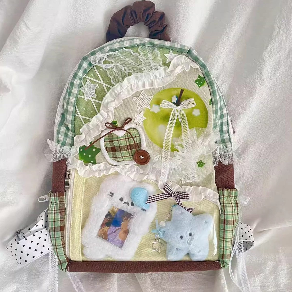 Mochila de lona a cuadros de gran capacidad con patchwork de colores en contraste