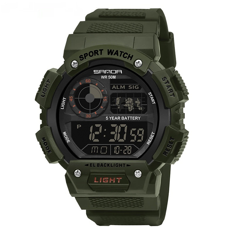 Reloj digital multifuncional, resistente al agua y luminoso de una sola pantalla para deportes.