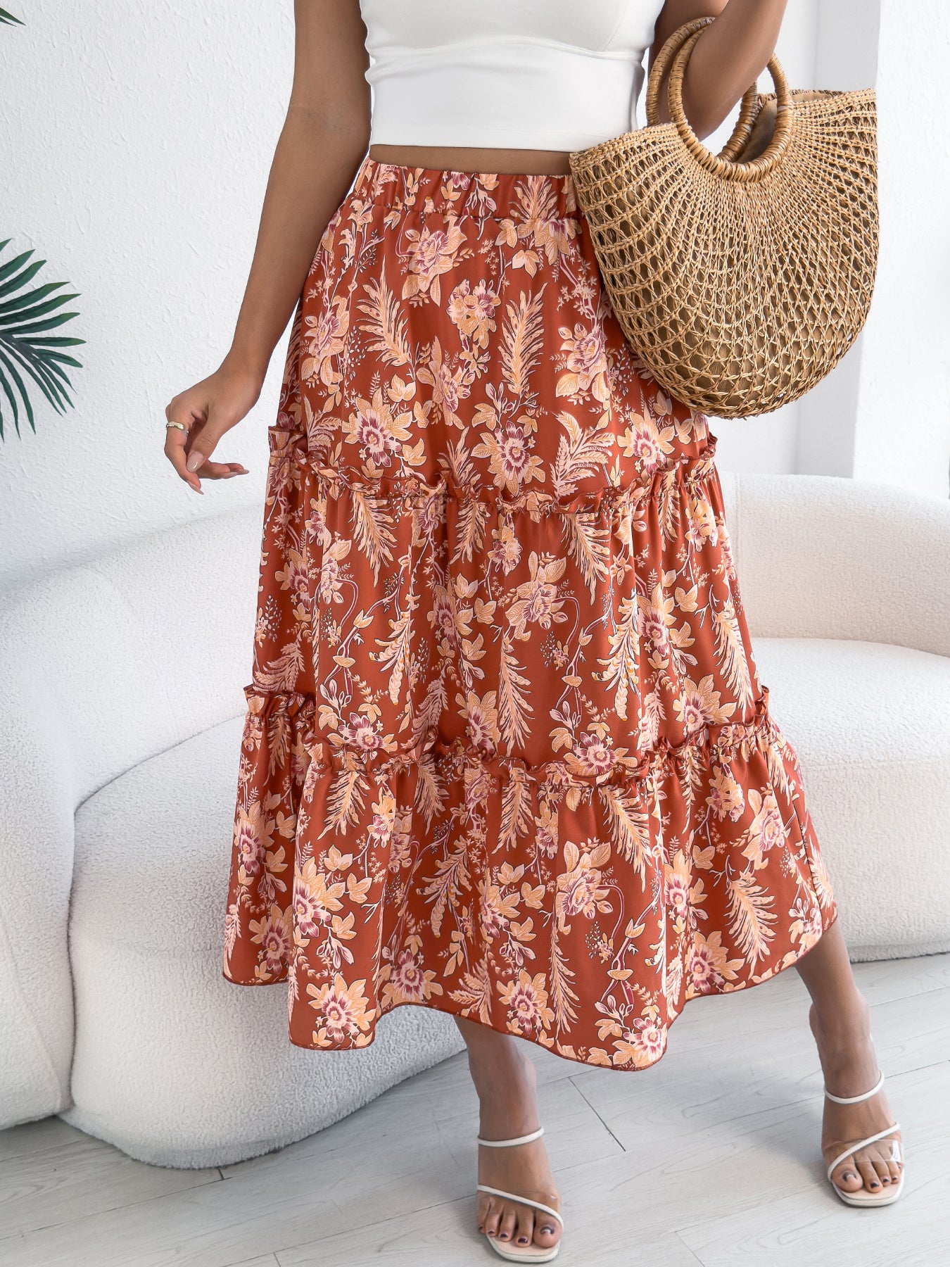 Women's Casual Floral Print Ruffle Trim Midi Beach Skirt
