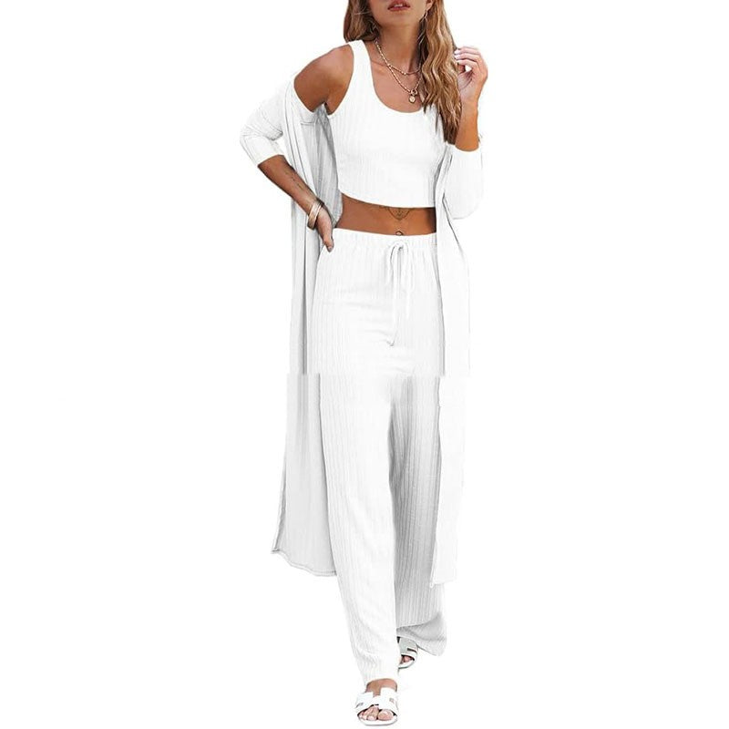 Conjunto de ropa de estar por casa para mujer de tres piezas: chaleco, pantalón y bata