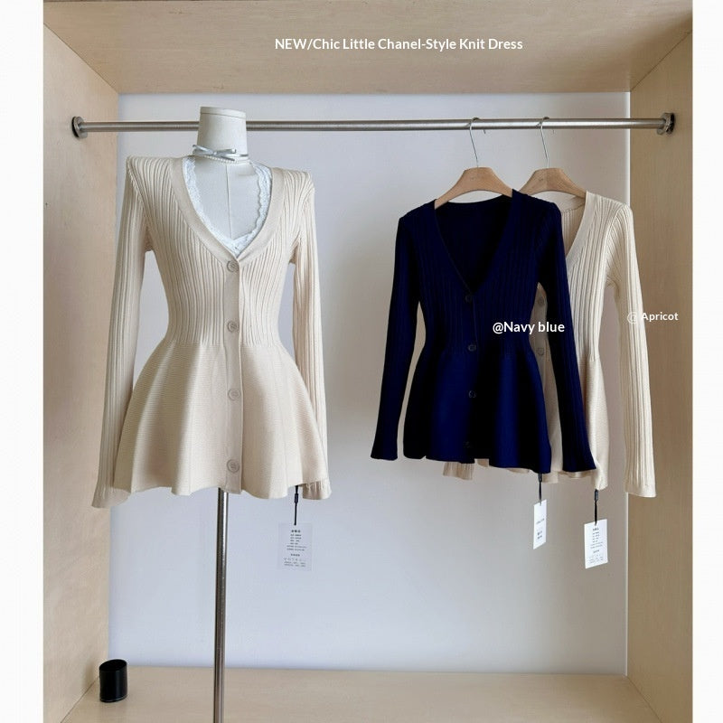 Navy Blue Waist-Cinching Low-Neck All-Match Long-Sleeve V-Neck Knitted Cardigan