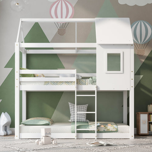 Bunk Bed, Children Cabin Bed, Single Bed For Kids, Twin Sleeper, Solid Pine Wood,3FT -White