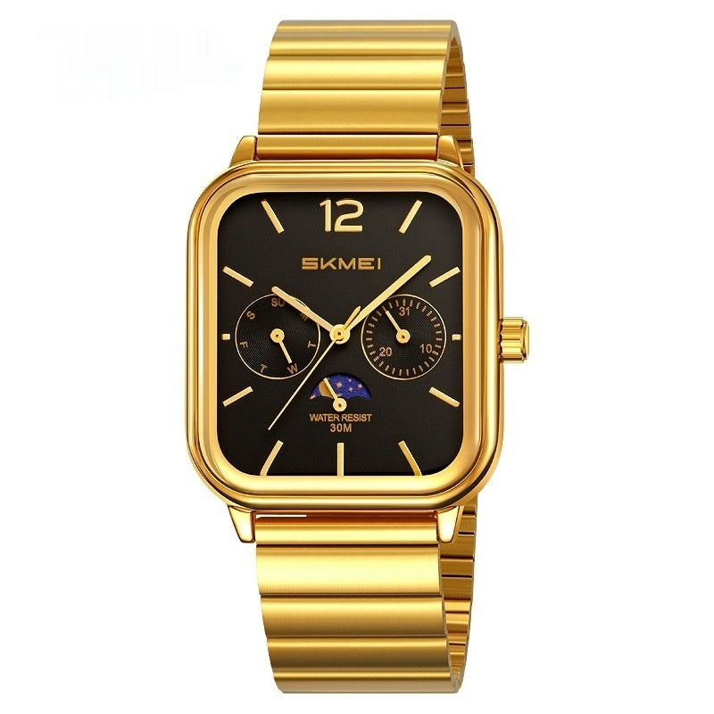 Elegante reloj cuadrado multifuncional con indicador de fase lunar de seis manecillas, diseñado para negocios y resistente al agua.