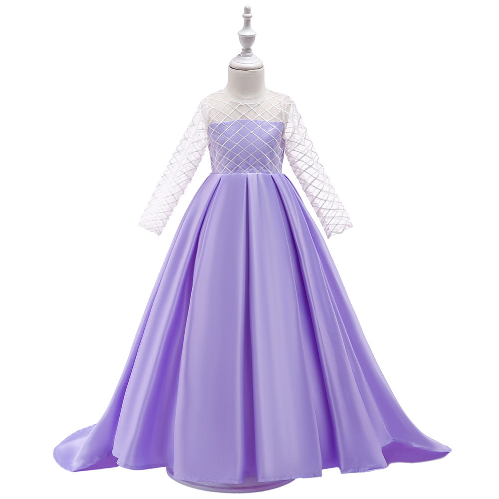 Vestido de malla de manga larga con cola para niña