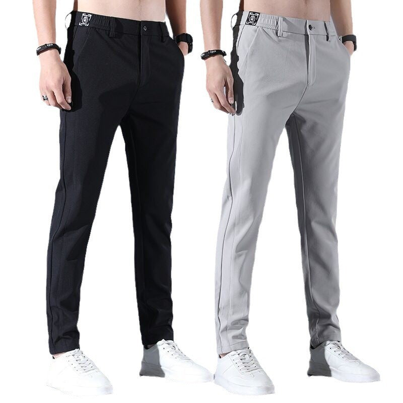 Pantalones casuales de seda de hielo para hombre, con cintura elástica y forro polar, para otoño