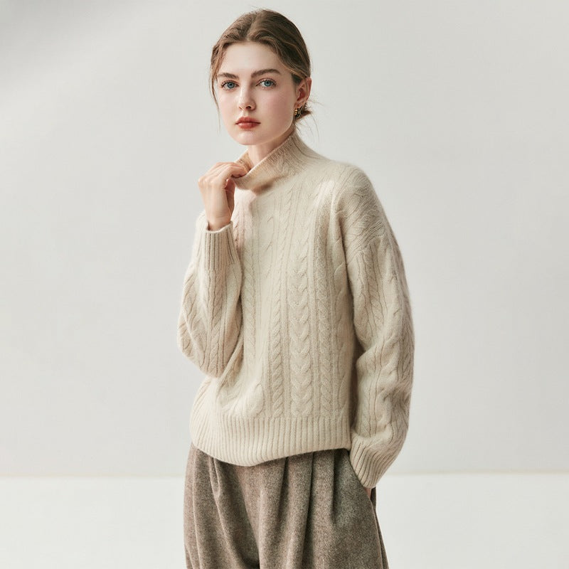 Suéter de cachemira de punto trenzado con cuello alto y costuras para mujer. Elegante, artístico y versátil para cualquier look.