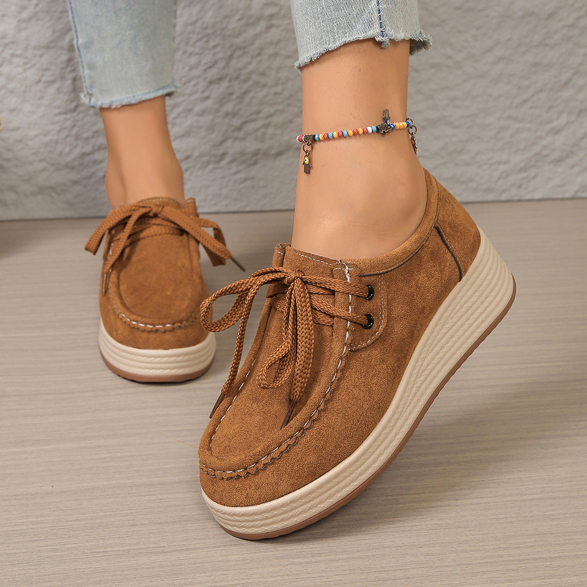 Zapatos de tacón para mujer de suela gruesa con cordones delanteros, estilo europeo y americano. Zapatos casuales de suela gruesa.