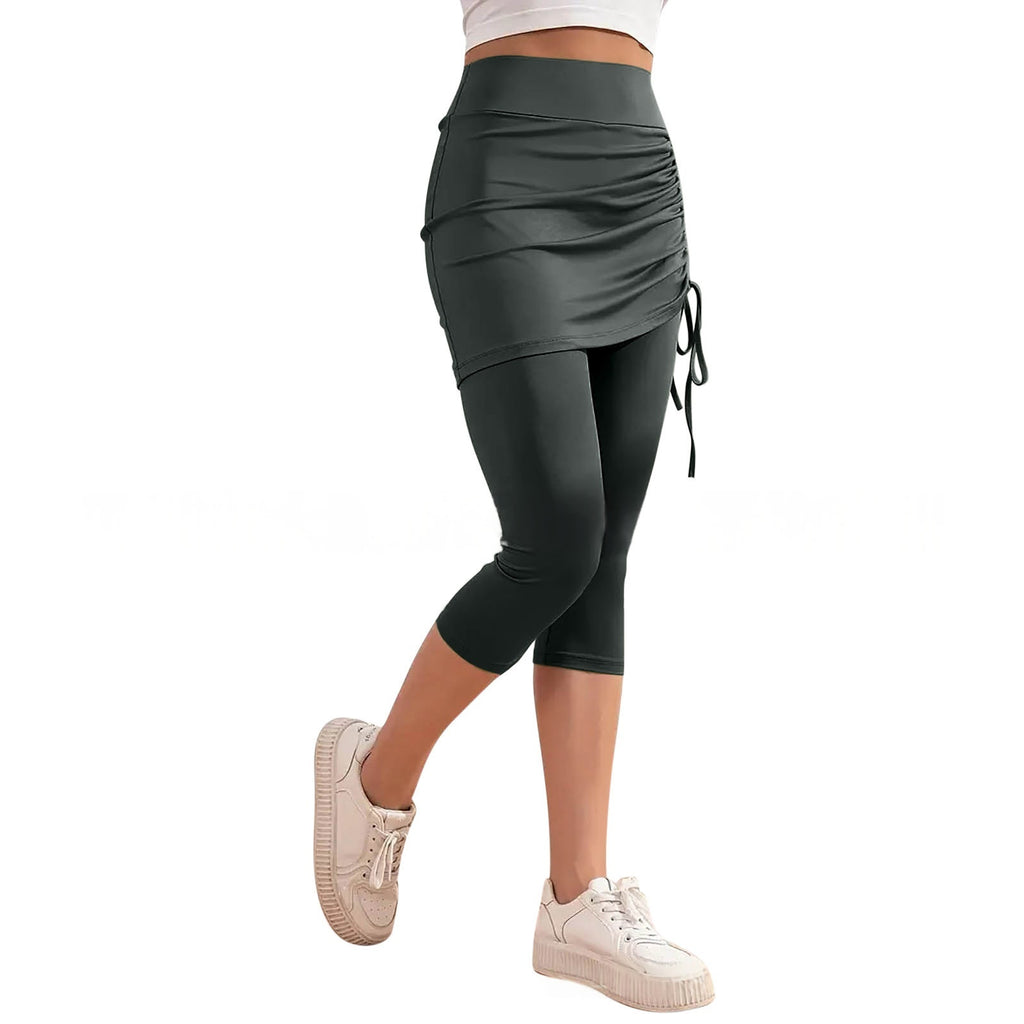 High-waisted Solid-color Slim-fit Ruched Capri Pants For Summer