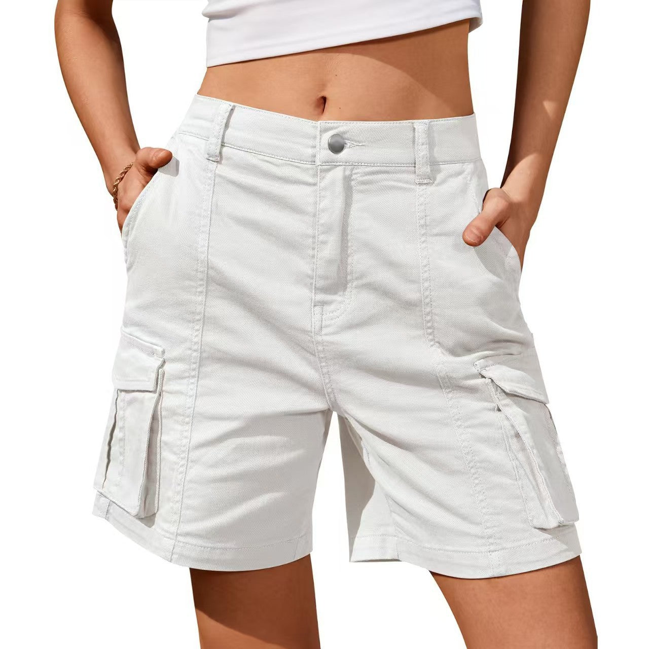 Pantalones casuales de color liso para mujer con bolsillos y botones tridimensionales