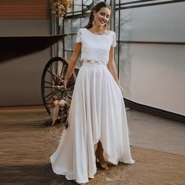 Vestido de novia ligero para fotos de destino, estilo dama de honor de encaje y satén.