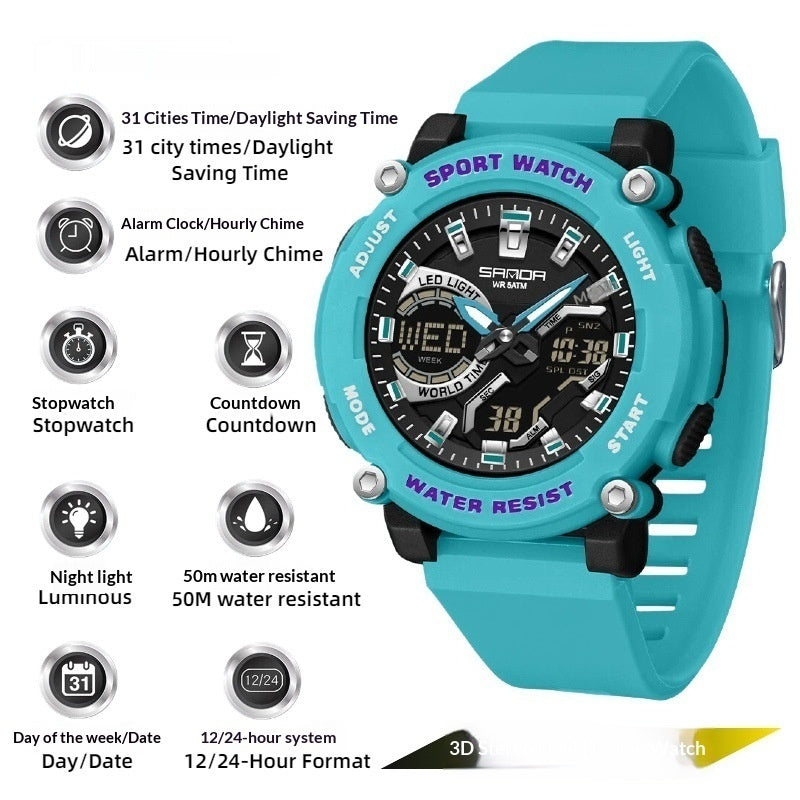 Reloj cronógrafo luminoso de doble pantalla para estudiantes, ideal para senderismo.