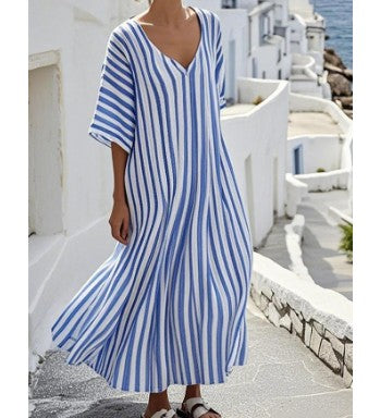 Vestido holgado de manga corta con cuello a rayas para mujer, de moda, talla grande