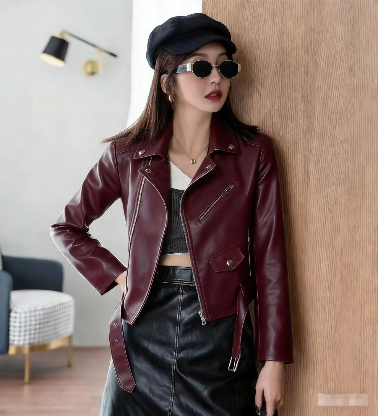 Chaqueta de cuero de moda para mujer, abrigo ajustado