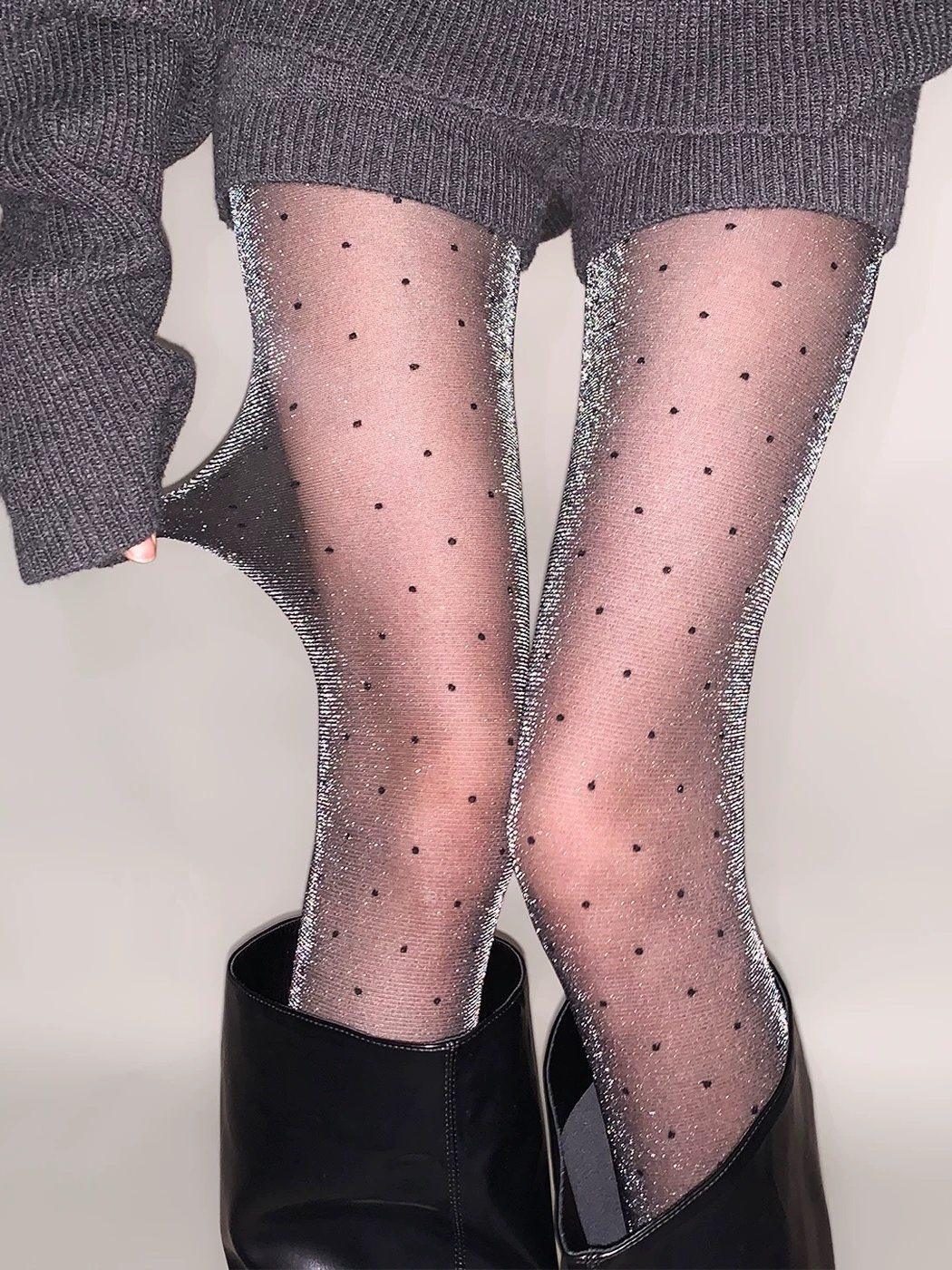 Polka-dot Black Silk Stockings With Shimmering Pearly Silver Thread
