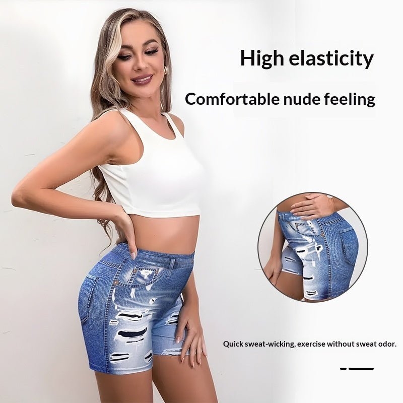 Pantalones tres cuartos estampados estilo denim con aspecto roto