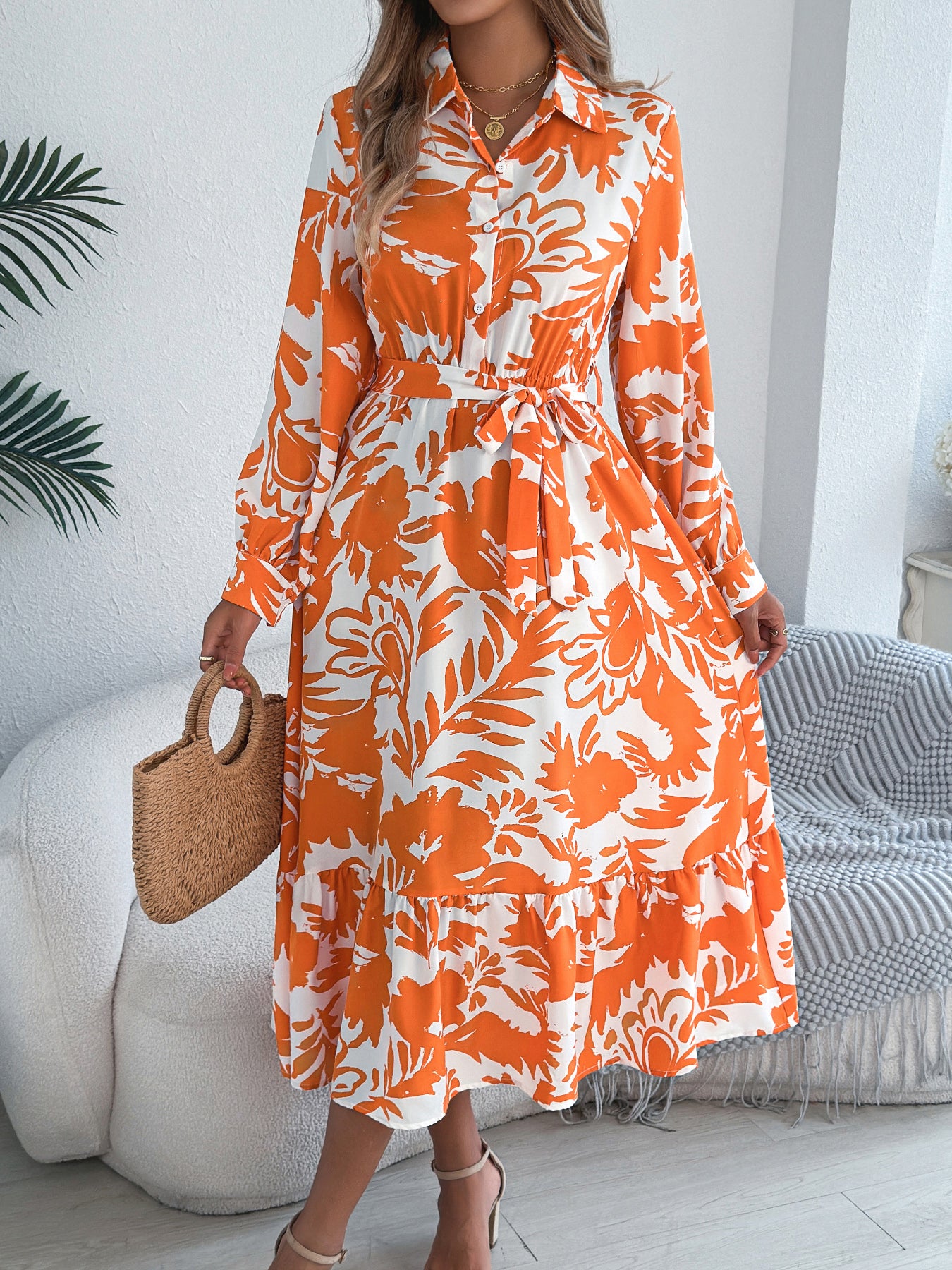 Vestido camisero largo informal con estampado floral y mangas largas con volantes para mujer