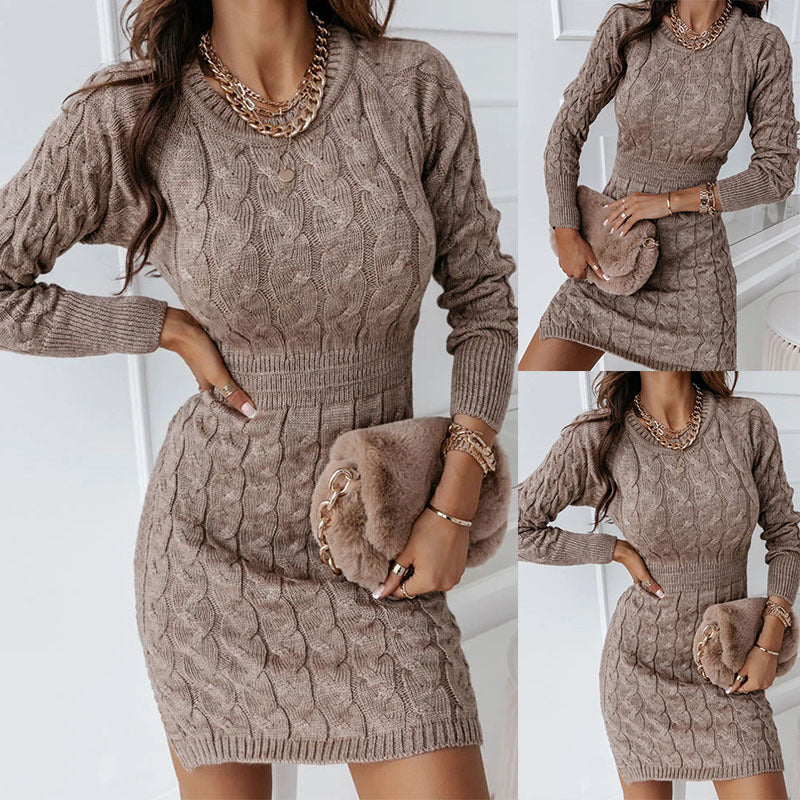 Vestido tipo suéter ajustado de manga larga y cuello redondo para otoño e invierno