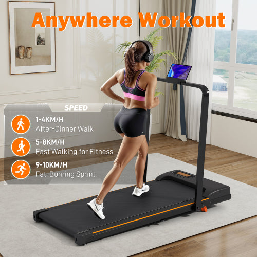 Folding Treadmill With Handrail & Adjustable Incline, 1-10 Km H Running Machine, Space Saving Low Noise Design, LED Display, Phone Holder, Remote Control, Transport Wheels  Plug, Pink.