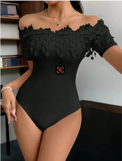 Body de manga corta con hombros descubiertos para mujer, top sexy de encaje ajustado