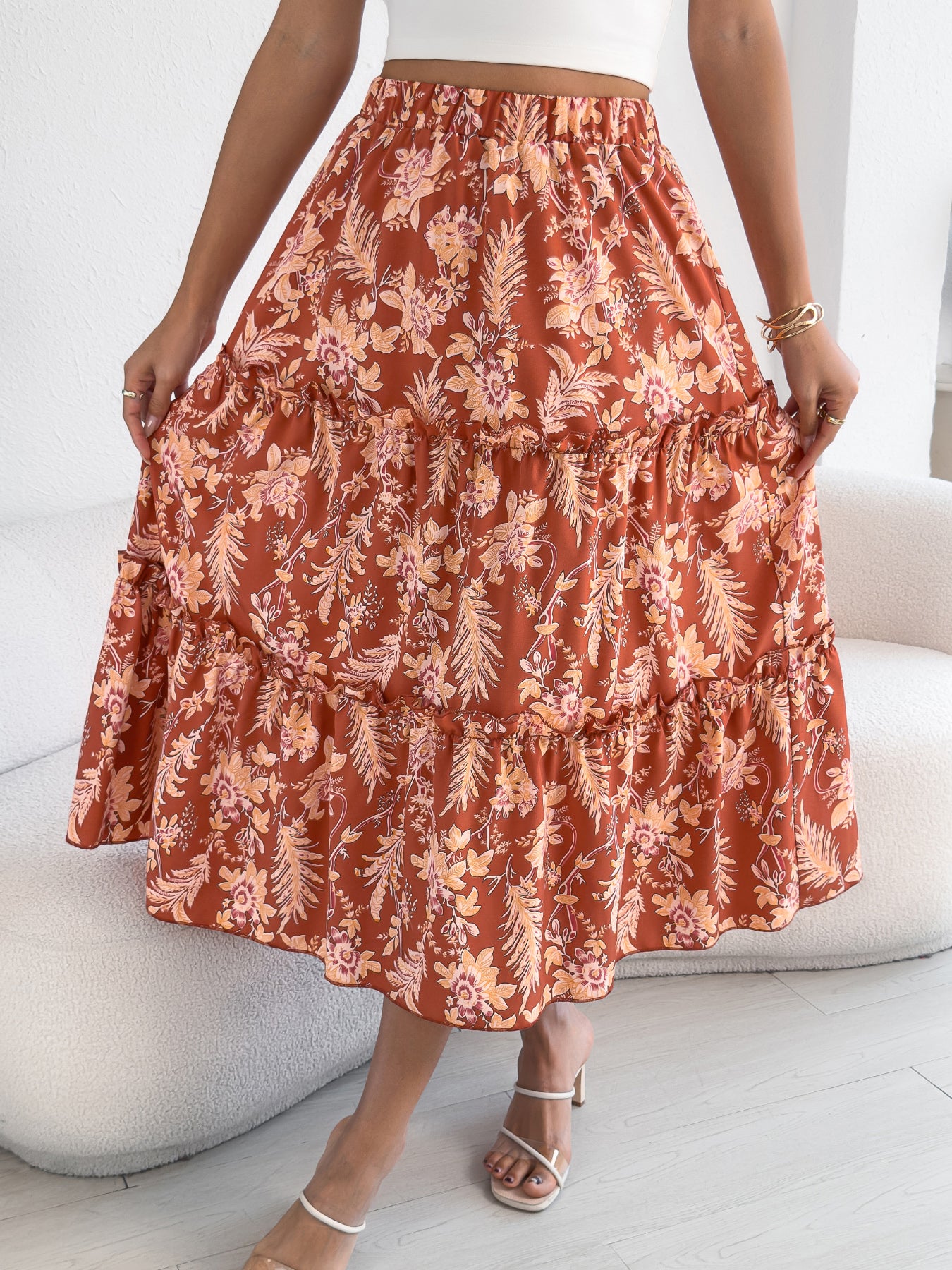 Falda playera midi informal con volantes y estampado floral para mujer