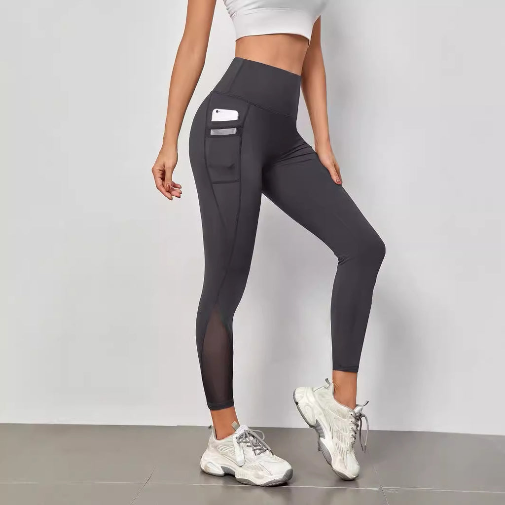 Pantalones de yoga de cintura alta con costuras de granadina, bolsillo, secado rápido, transpirables, para levantar la cadera.