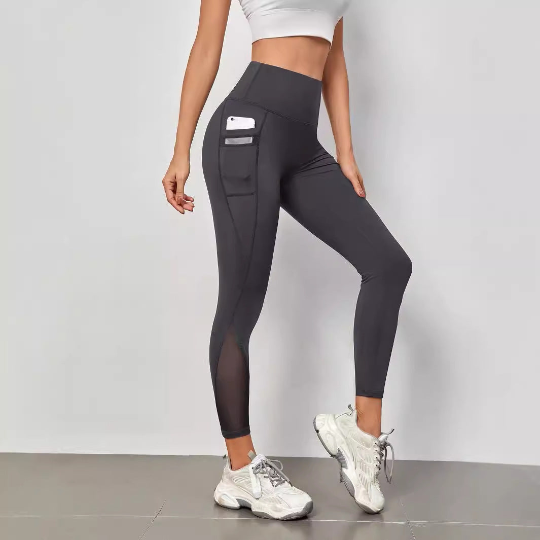 Pantalones de yoga de cintura alta con costuras de granadina, bolsillo, secado rápido, transpirables, para levantar la cadera.