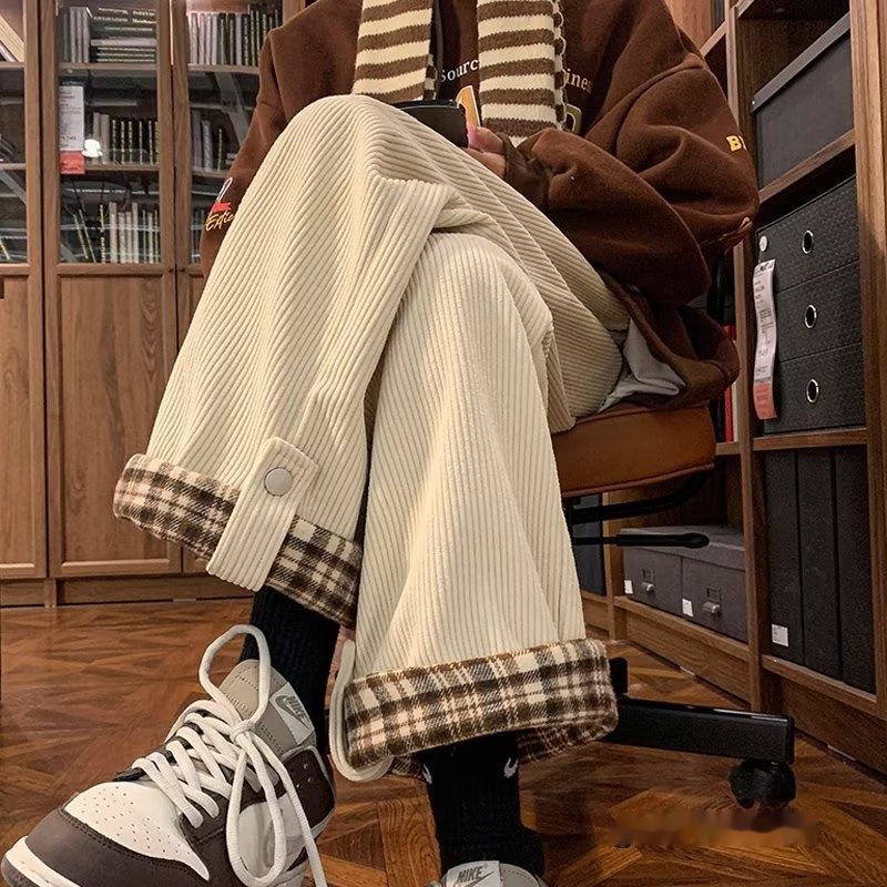 Pantalones casuales vintage holgados de pierna recta con puños a cuadros para hombre