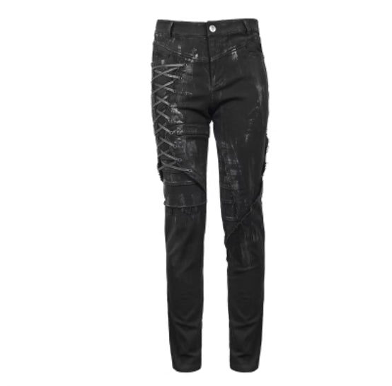 Pantalones Punk Mecha para hombre, pantalones casuales ajustados con aspecto de mezclilla desgastada lavada.