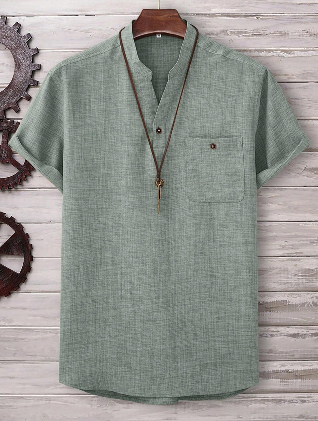Mens Casual Short-sleeve Solid-color Shirt With A Turn-down Collar