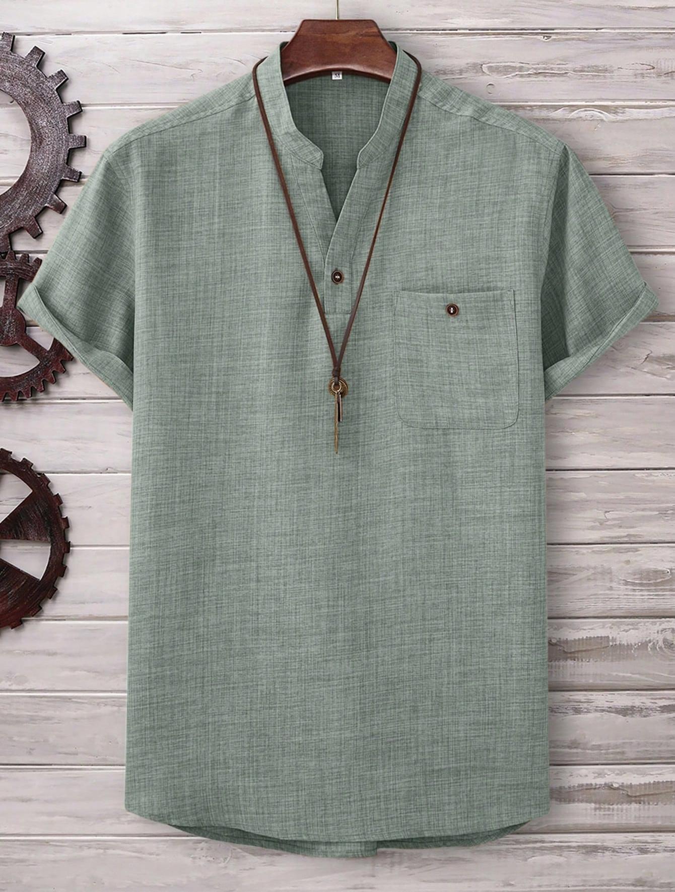 Mens Casual Short-sleeve Solid-color Shirt With A Turn-down Collar
