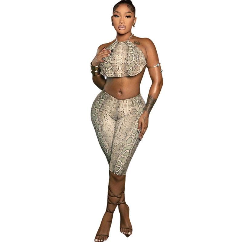 Womens Fashionable Printed Sexy Lace-Up Midriff-Baring Pants Set