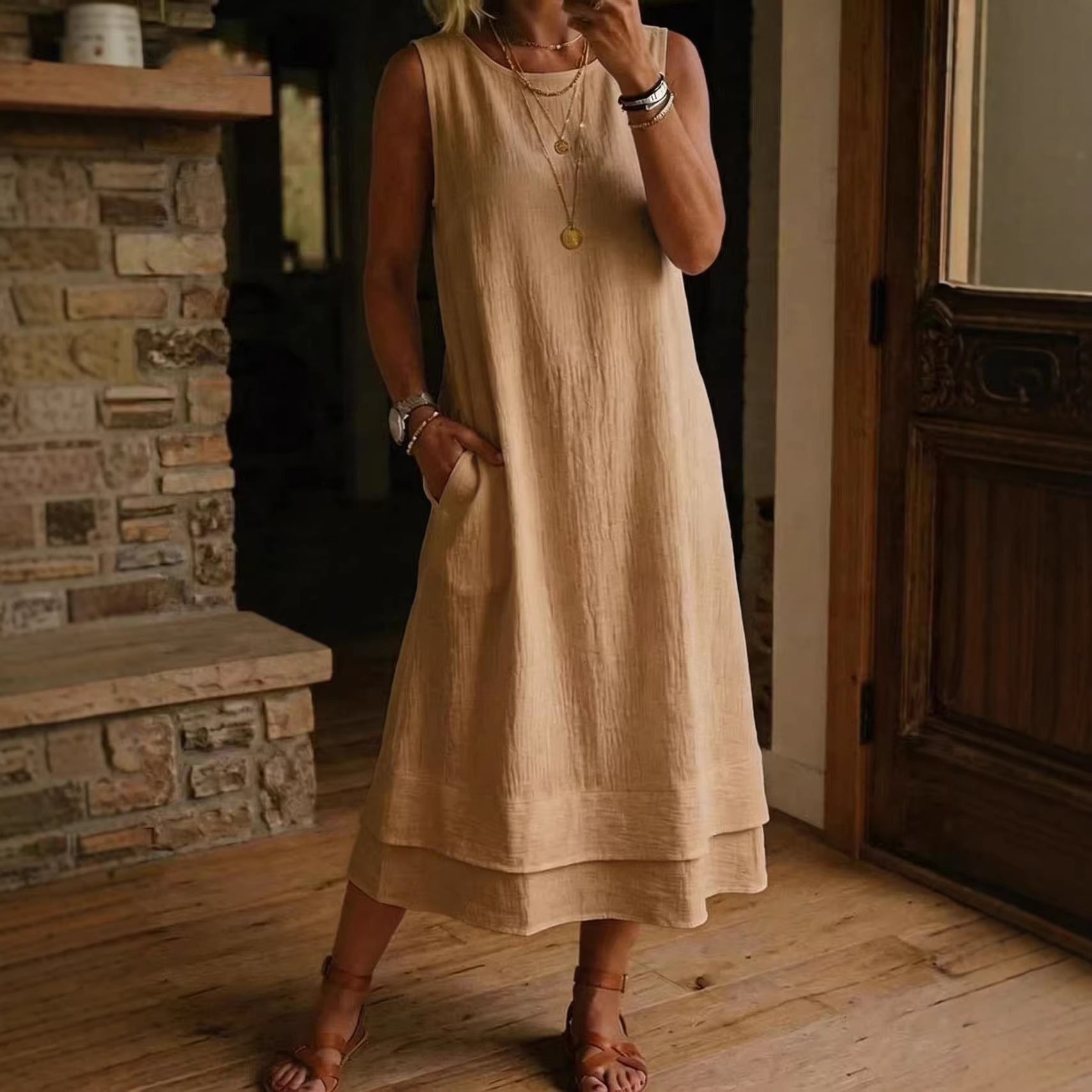 Women's Fashion Casual Cotton-Linen Crew-Neck Sleeveless Dress