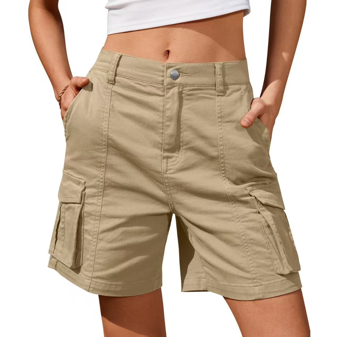 Pantalones casuales de color liso para mujer con bolsillos y botones tridimensionales
