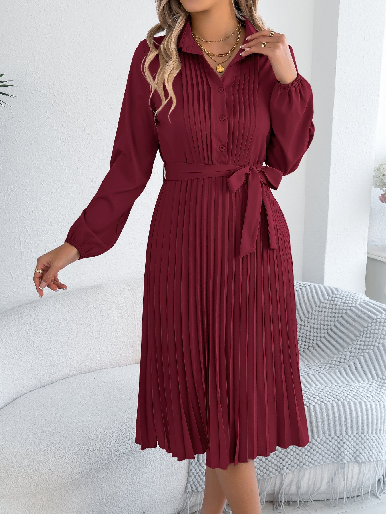 Vestido plisado elegante de color liso con solapa, manga larga y lazo en la cintura para mujer