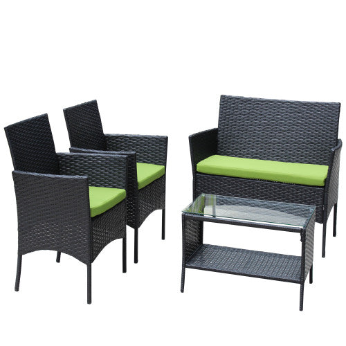 Juego de 4 muebles de patio de ratán con asiento acolchado para exteriores, sofá de mimbre con cojín verde