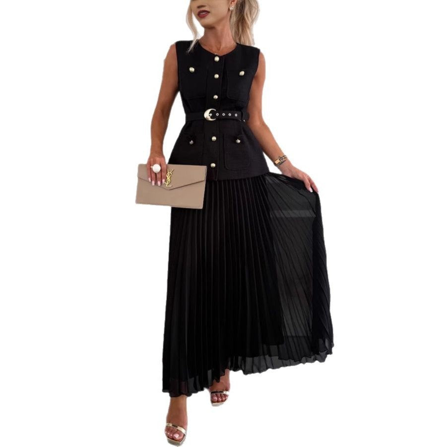 Conjunto de dos piezas con chaleco sin mangas estilo Chanel y falda plisada de malla