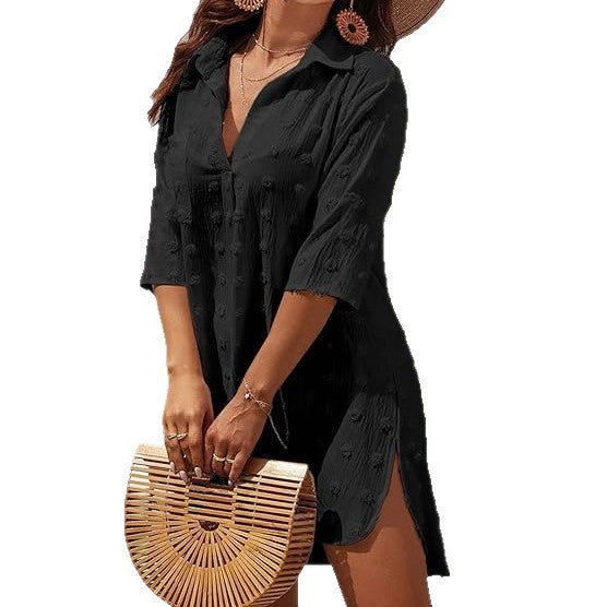 Vestido playero de manga tres cuartos de color liso con protección solar