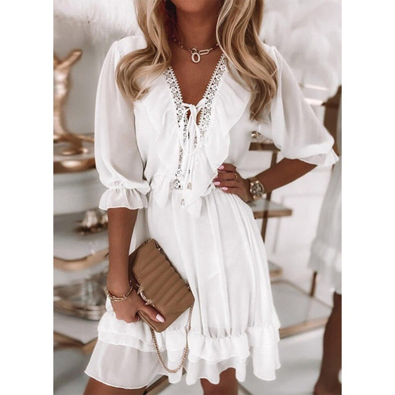 Vestido informal holgado de gasa con escote en V y empalme