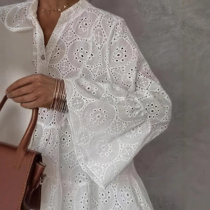 Womens Loose V-Neck Hollow-Out Lace Floral Dress