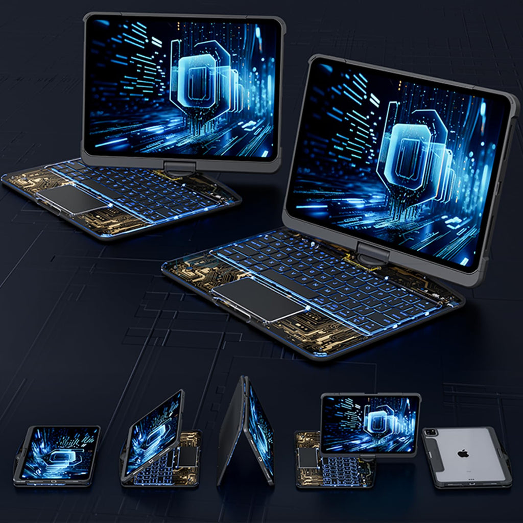 Funda transparente con teclado giratorio de 360 ​​grados para iPad, teclado inteligente con trackpad, compatible con Bluetooth y ranura para lápiz.